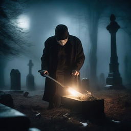 Generate an image of a mysterious man with a shovel, digging up a clear glass coffin containing a deceased woman