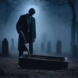 Generate an image of a mysterious man with a shovel, digging up a clear glass coffin containing a deceased woman