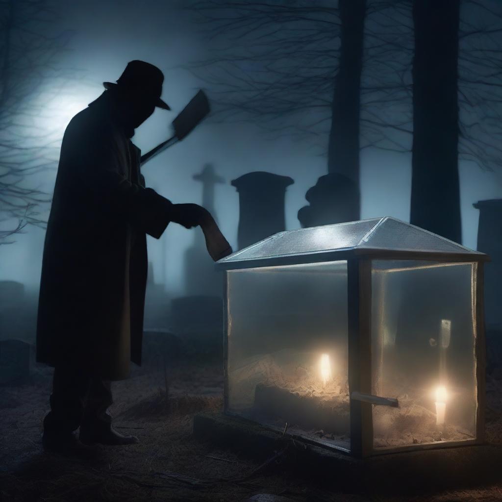 Generate an image of a mysterious man with a shovel, digging up a clear glass coffin containing a deceased woman