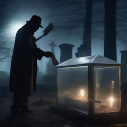 Generate an image of a mysterious man with a shovel, digging up a clear glass coffin containing a deceased woman