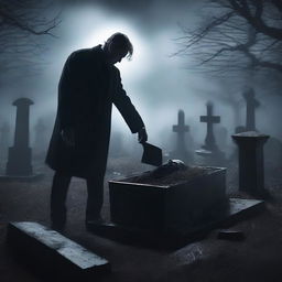 Generate an image of a mysterious man with a shovel, digging up a clear glass coffin containing a deceased woman