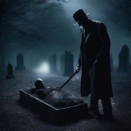 Generate an image of a mysterious man with a shovel, digging up a clear glass coffin containing a deceased woman
