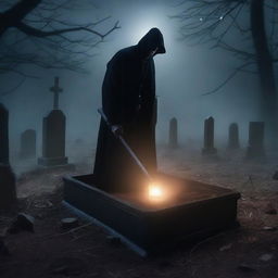 Generate an image of a mysterious man with a shovel, digging up a clear glass coffin containing a deceased woman