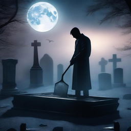 Generate an image of a mysterious man, holding a shovel, standing over a clear glass coffin that contains a deceased woman