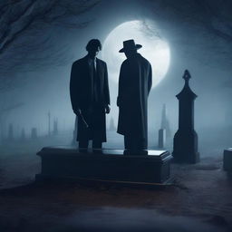 Generate an image of a mysterious man, holding a shovel, standing over a clear glass coffin that contains a deceased woman