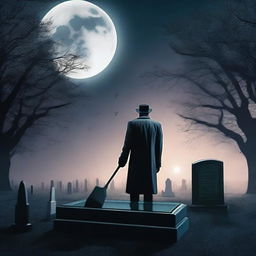 Generate an image of a mysterious man, holding a shovel, standing over a clear glass coffin that contains a deceased woman