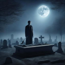 Generate an image of a mysterious man, holding a shovel, standing over a clear glass coffin that contains a deceased woman