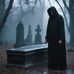 Create an image of a mysterious man, clutching a shovel, standing over a clear glass coffin that encases a deceased woman