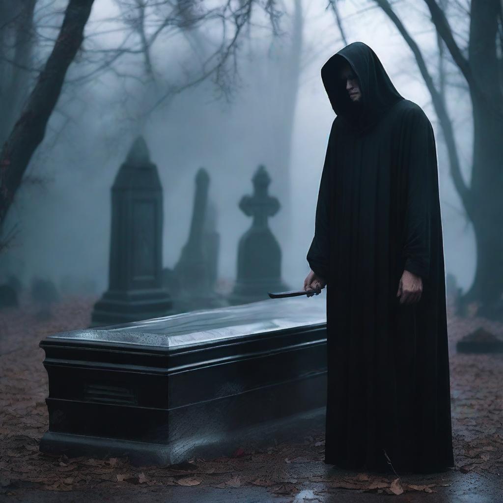 Create an image of a mysterious man, clutching a shovel, standing over a clear glass coffin that encases a deceased woman