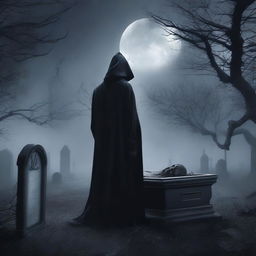Create an image of a mysterious man, clutching a shovel, standing over a clear glass coffin that encases a deceased woman