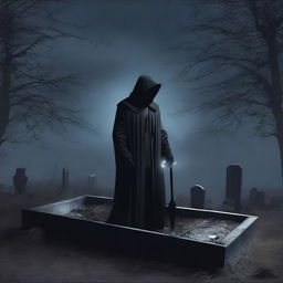 Create an image of a mysterious man, clutching a shovel, standing over a clear glass coffin that encases a deceased woman