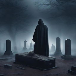Create an image of a mysterious man, clutching a shovel, standing over a clear glass coffin that encases a deceased woman