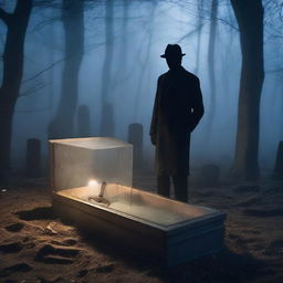 Create an image of a mysterious man, holding a shovel, standing in front of a clear glass coffin that encloses a deceased woman