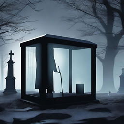 Create an image of a mysterious man, holding a shovel, standing in front of a clear glass coffin that encloses a deceased woman