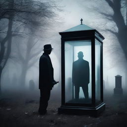 Create an image of a mysterious man, holding a shovel, standing in front of a clear glass coffin that encloses a deceased woman