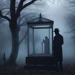 Create an image of a mysterious man, holding a shovel, standing in front of a clear glass coffin that encloses a deceased woman