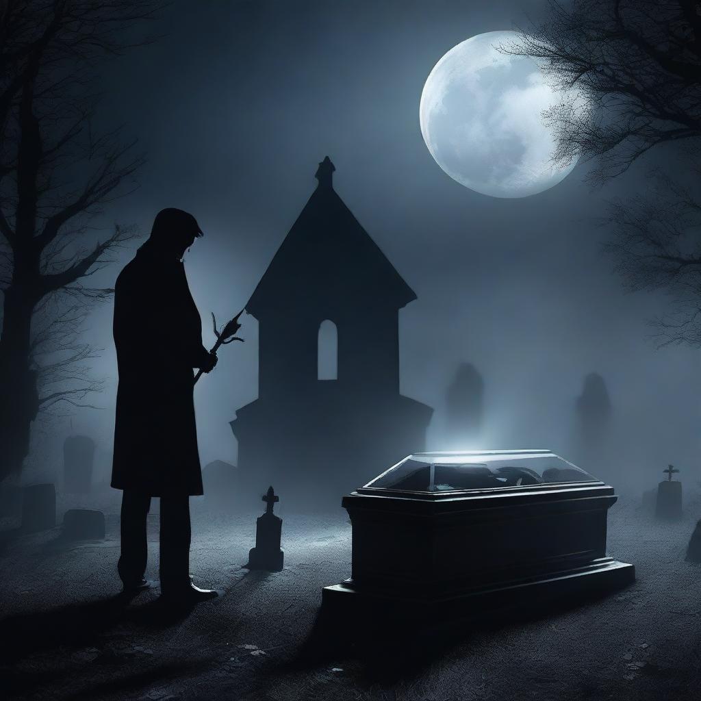 Create an eerie image of a mysterious man, shovel in hand, standing before a clear glass coffin that houses a deceased woman