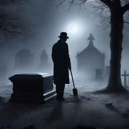 Create an eerie image of a mysterious man, shovel in hand, standing before a clear glass coffin that houses a deceased woman