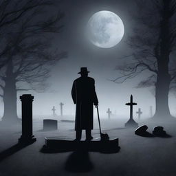 Create an eerie image of a mysterious man, shovel in hand, standing before a clear glass coffin that houses a deceased woman