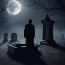 Create an eerie image of a mysterious man, shovel in hand, standing before a clear glass coffin that houses a deceased woman