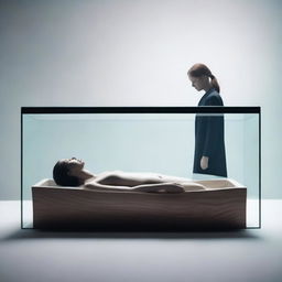 Create an image of a woman lying peacefully in a clear glass coffin, with a man standing beside it, expressing deep reverence and worship towards her