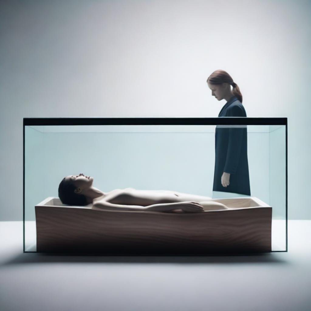 Create an image of a woman lying peacefully in a clear glass coffin, with a man standing beside it, expressing deep reverence and worship towards her