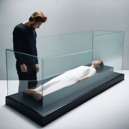 Create an image of a woman lying peacefully in a clear glass coffin, with a man standing beside it, expressing deep reverence and worship towards her