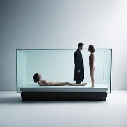 Create an image of a woman lying peacefully in a clear glass coffin, with a man standing beside it, expressing deep reverence and worship towards her