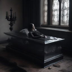 Create a gothic-inspired image of a woman resting in a clear glass coffin, with a man beside her, displaying a profound act of worship in her honor