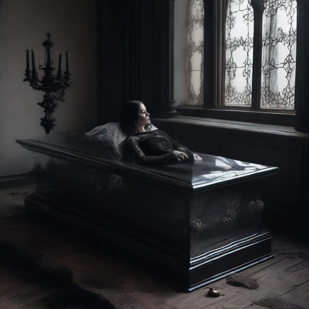 Create a gothic-inspired image of a woman resting in a clear glass coffin, with a man beside her, displaying a profound act of worship in her honor