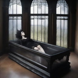 Create a gothic-inspired image of a woman resting in a clear glass coffin, with a man beside her, displaying a profound act of worship in her honor