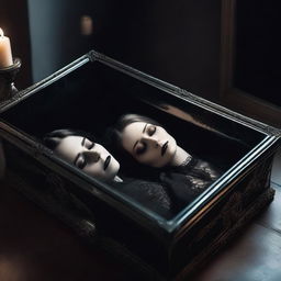 Create a gothic-inspired image of a woman resting in a clear glass coffin, with a man beside her, displaying a profound act of worship in her honor