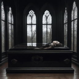 Create a gothic-inspired image of a woman resting in a clear glass coffin, with a man beside her, displaying a profound act of worship in her honor