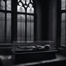 Create a gothic image of a woman lying in a clear glass coffin