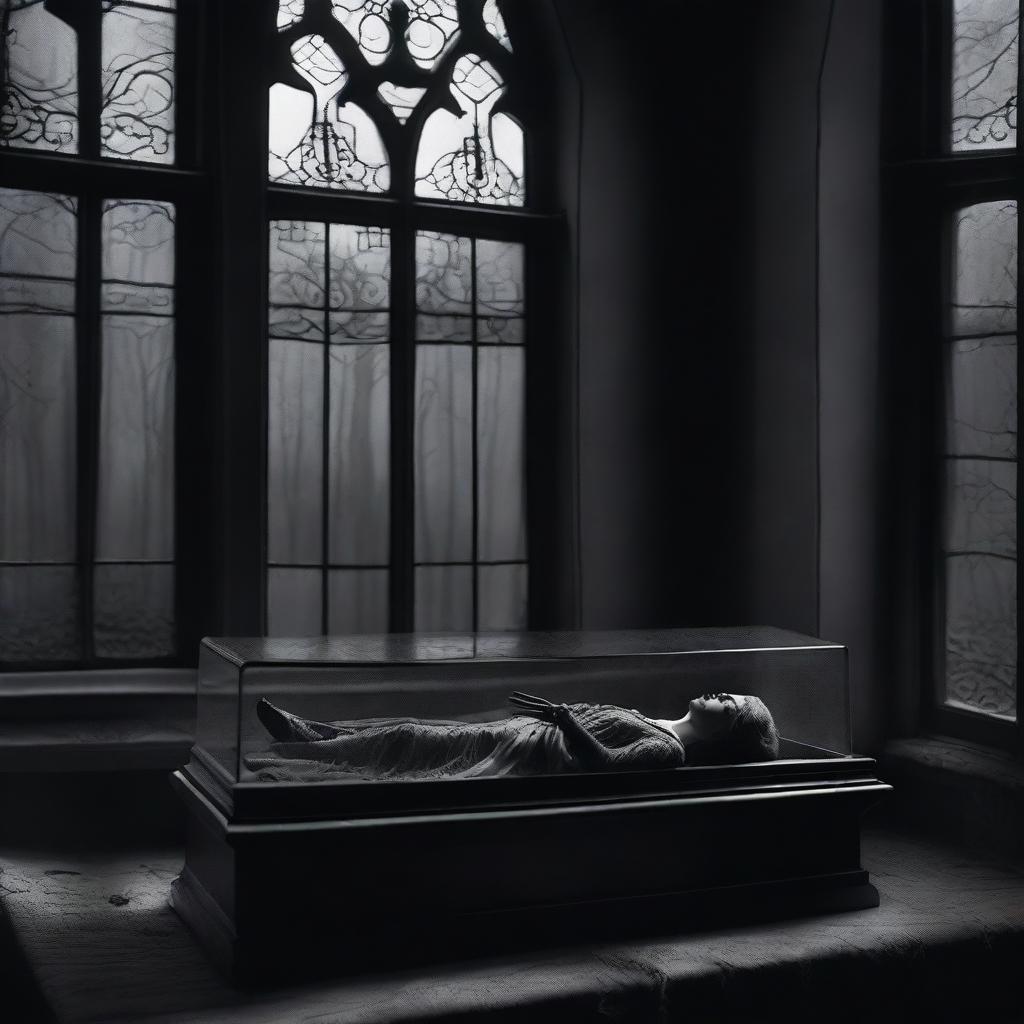 Create a gothic image of a woman lying in a clear glass coffin