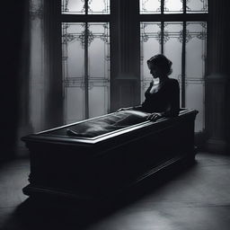 Create a gothic image of a woman lying in a clear glass coffin