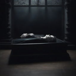 Create a gothic image of a woman lying in a clear glass coffin