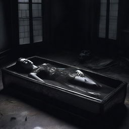 Create a gothic image of a woman lying in a clear glass coffin
