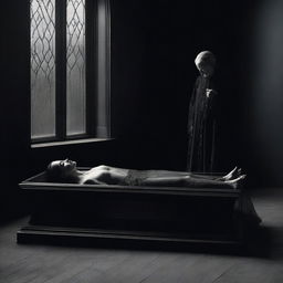 Generate an image capturing a gothic scene of a woman lying in a clear glass coffin