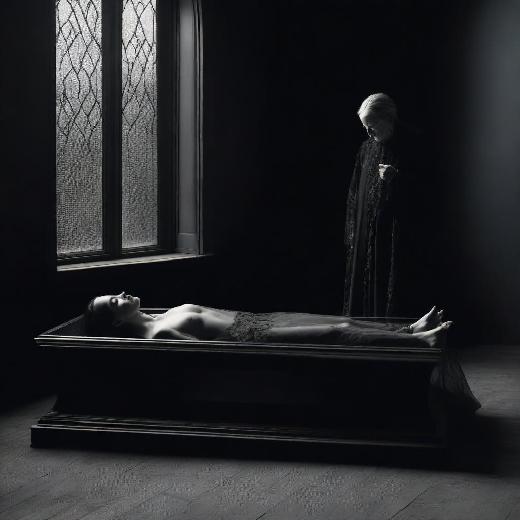 Generate an image capturing a gothic scene of a woman lying in a clear glass coffin