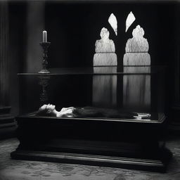 Generate an image capturing a gothic scene of a woman lying in a clear glass coffin