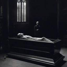Generate an image capturing a gothic scene of a woman lying in a clear glass coffin