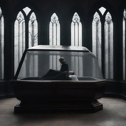 Create an image of a gothic scene where a man is worshipping a woman who is lying in a clear glass coffin