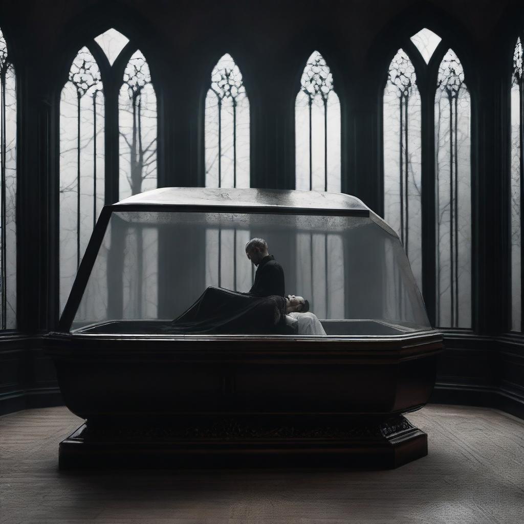 Create an image of a gothic scene where a man is worshipping a woman who is lying in a clear glass coffin