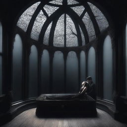 Create an image of a gothic scene where a man is worshipping a woman who is lying in a clear glass coffin