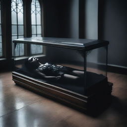 Create an image of a gothic scene where a man is worshipping a woman who is lying in a clear glass coffin
