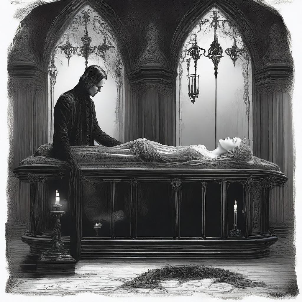 Generate an image of a gothic scene where a woman lies in a clear glass coffin