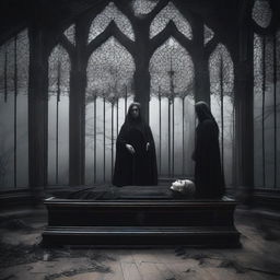 Generate an image of a gothic scene where a woman lies in a clear glass coffin