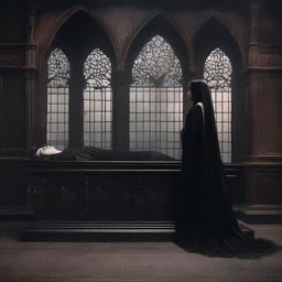 Generate an image of a gothic scene where a woman lies in a clear glass coffin