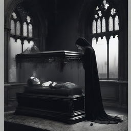 Generate an image of a gothic scene where a woman lies in a clear glass coffin